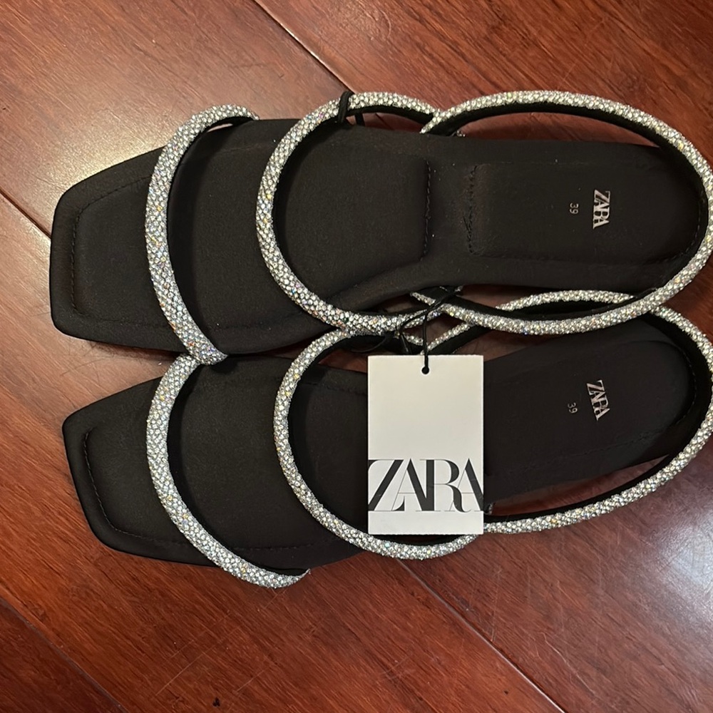 Zara Black and Silver Sandals with Modern Slip-On Design